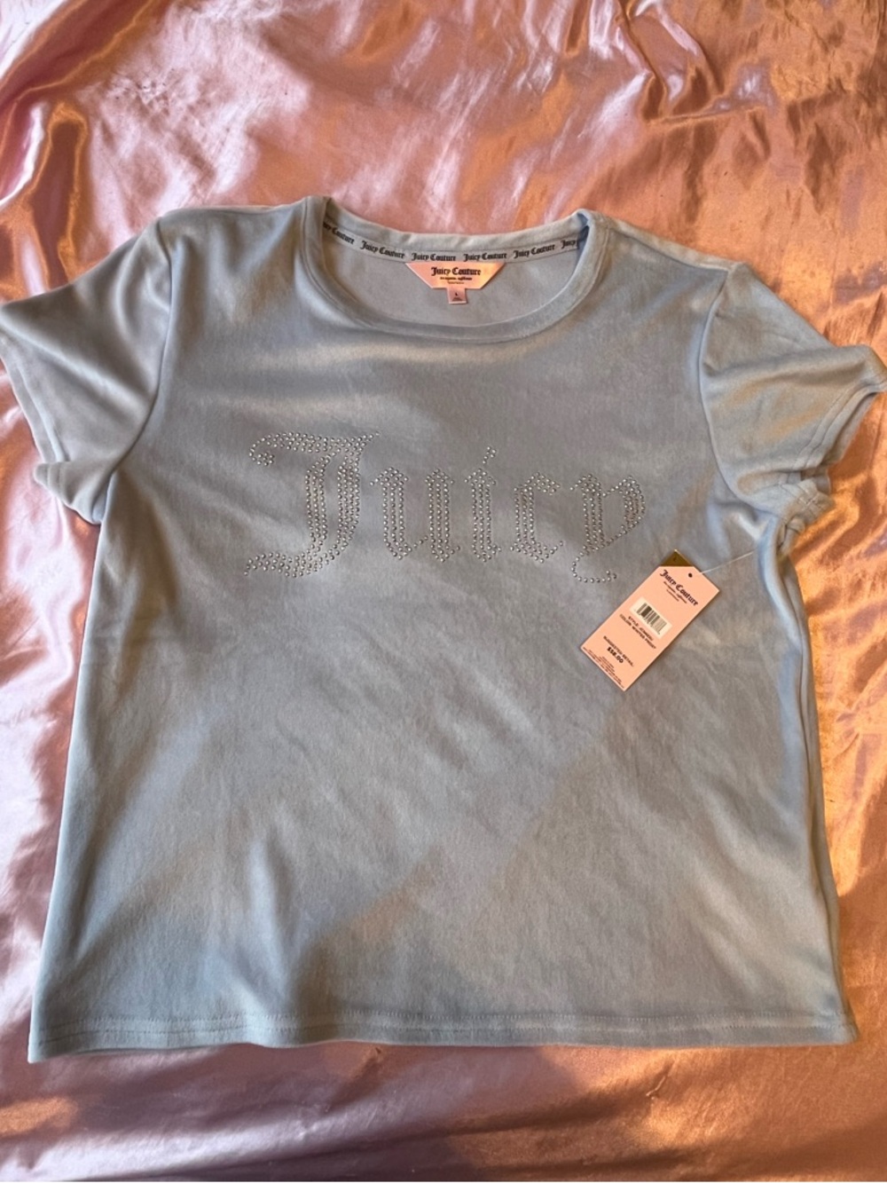 Juicy Couture Womens Blue Rhinestone Logo T Shirt Size Large NWT $58 Retail